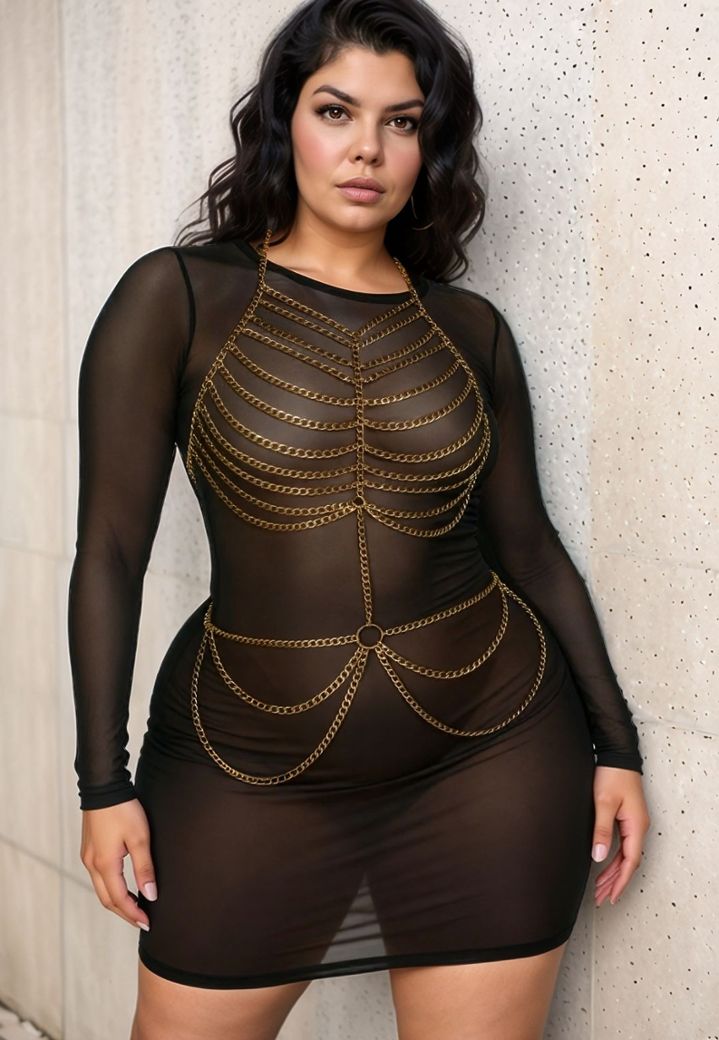 Gold two-piece body chain, breasts & hips, ultra glamorous