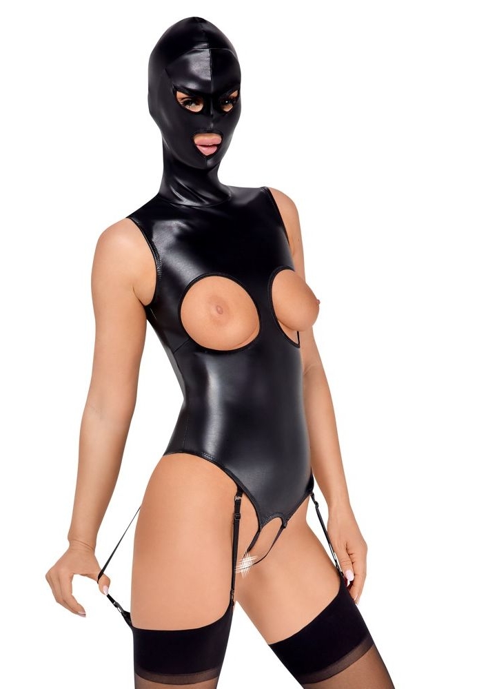 Open Bodysuit SM Mask - Couro sintético preto e anonimato presumido