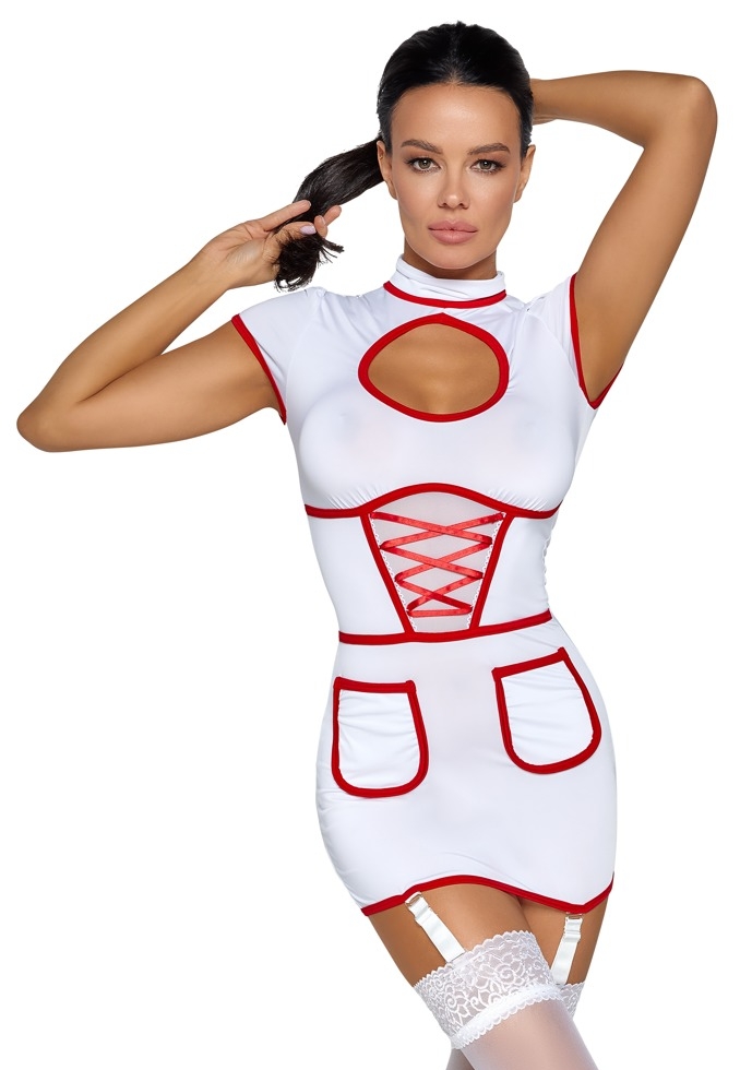 Costume Infirmière Sexy blanc - Robe Courte Semi-transparente avec Jarretières