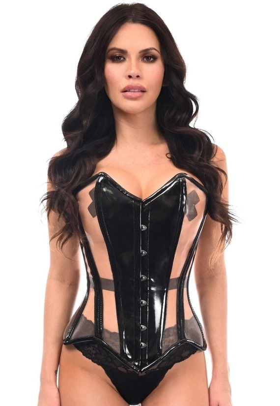 Overbust-Korsett aus schwarzem Vinyl und transparentem Netzstoff