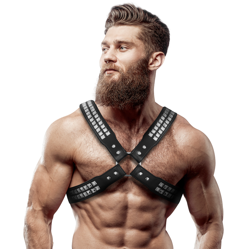 Crossed chest harness: riveted vegan leather, X-structure
