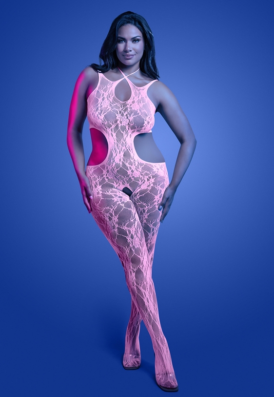 Bodystocking in pizzo fluorescente: Eleganza rosa che si illumina