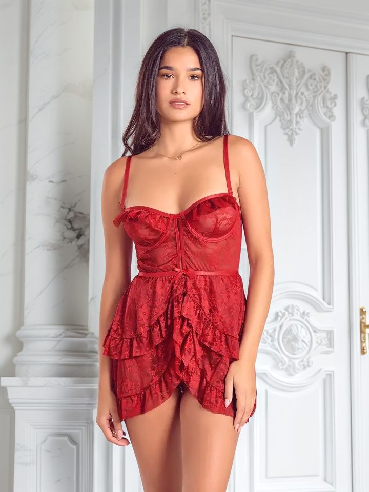 Babydoll-Set Serenity - Rote Spitze Mehrschichtige Volants