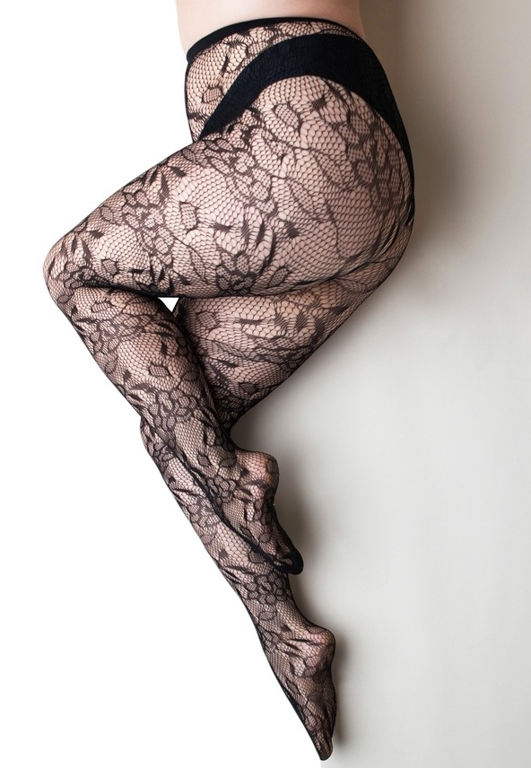 Black Mesh Tights with Floral Pattern
