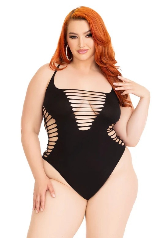 Schwarzer Cut-out Body: grafische Details und offener Rücken