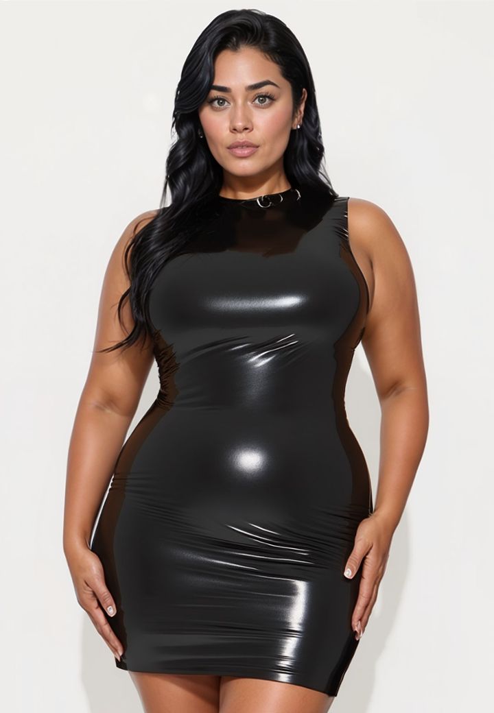 Natural Latex Dress - Tight and Sexy with Standing Collar Black Shiny