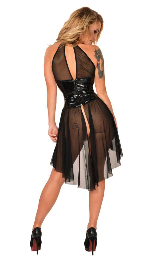 Strapless dress in datex and fishnet