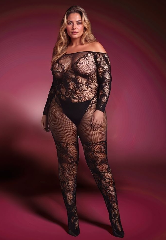 Bodystocking Hombros Descubiertos Manga Larga Encaje & Red Abierta