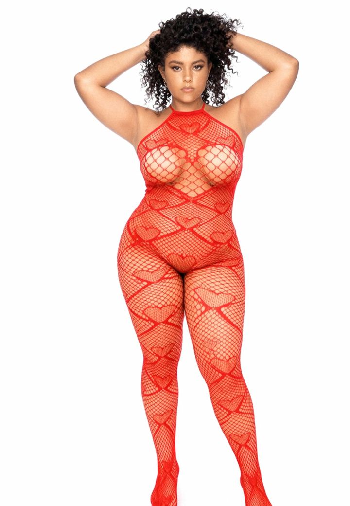 Red heart mesh bodystocking with rhinestones, elegant halter neck and open crotch