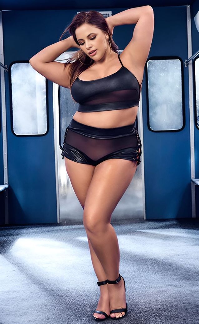 Two-Piece Sheer Wet Look Set with Mesh and Crisscross Eyelets