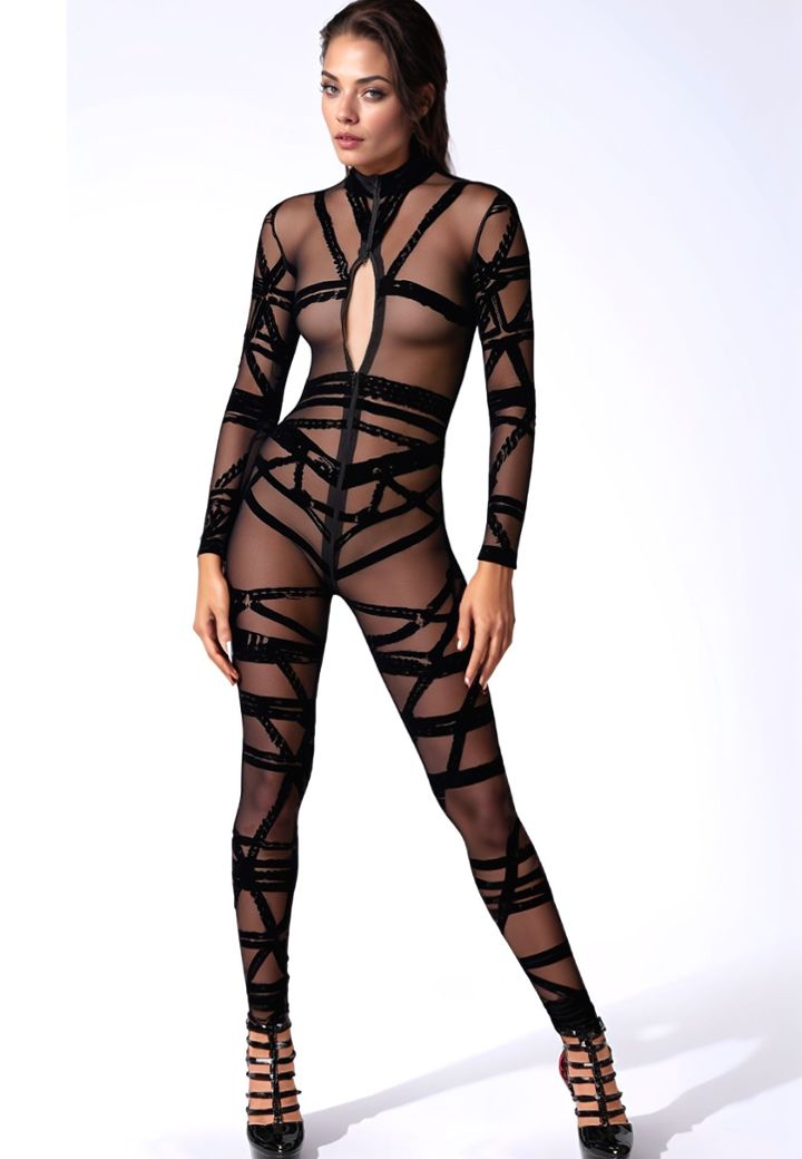 Shibari Flocked Tulle Jumpsuit - Art of Seduction and Bondage