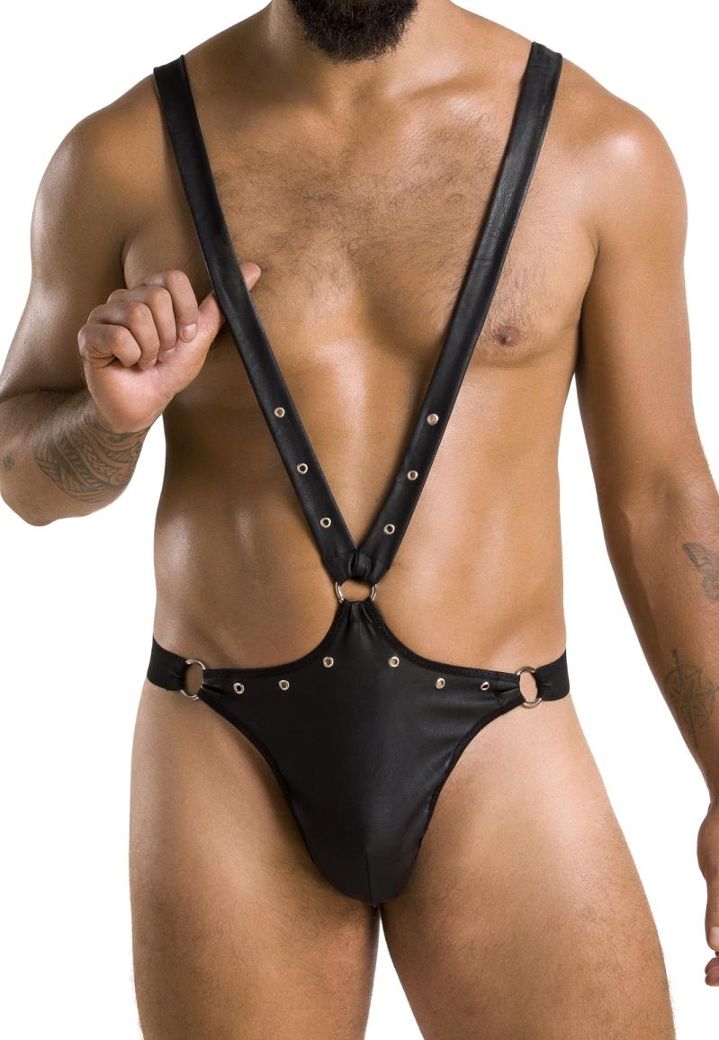 Bodysuit in mat leer voor heren - Elastische bandjes en metalen elementen