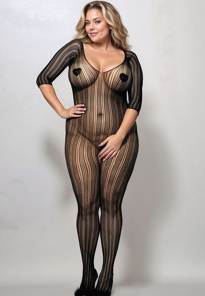 Bodystocking Rayures Verticales - Manches 3/4 et Décolleté Plongeant