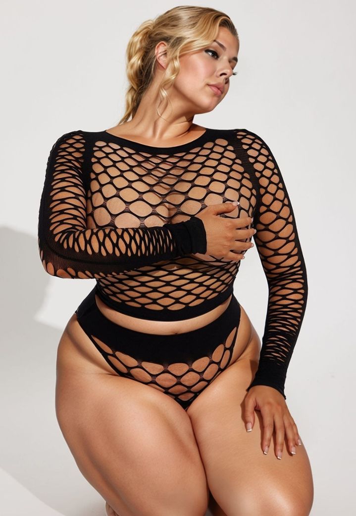 Ensemble Clubby - Top Longues Manches et Culotte Haute Résille Bodystocking