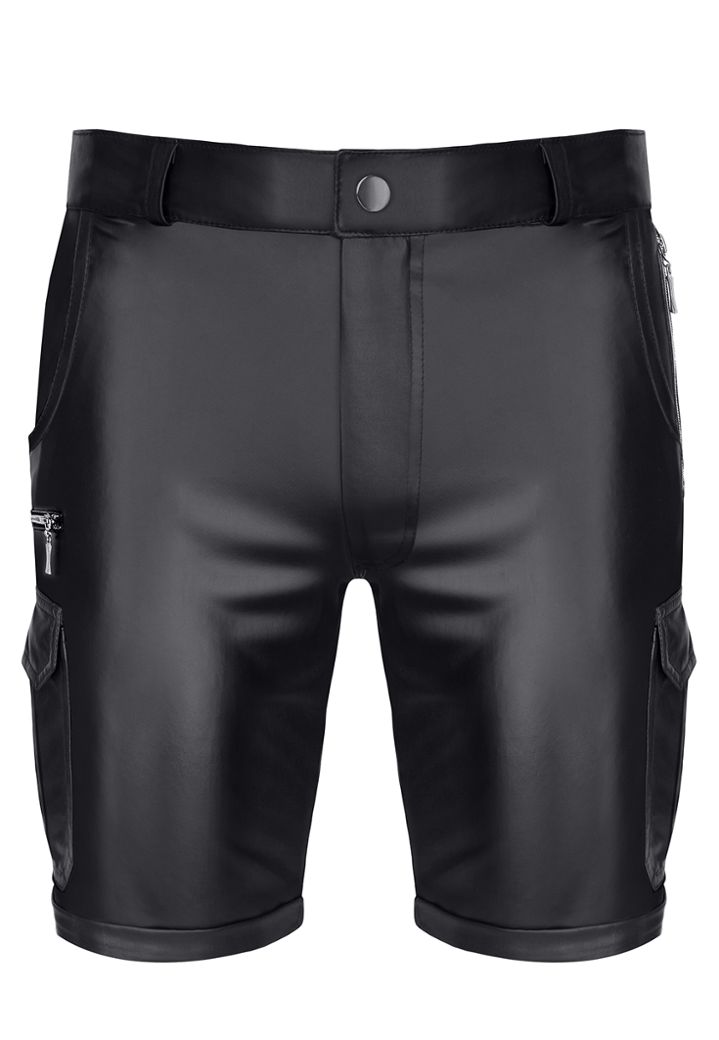 Cargo Short Paolo - Matte Black Faux Leather - Low Waist 8 Pockets