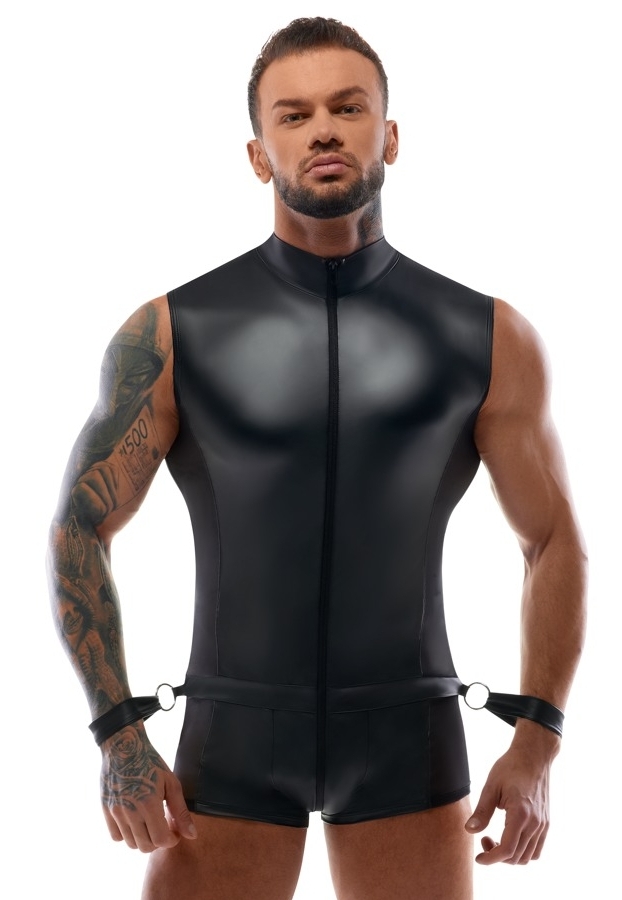 Sleeveless Bodysuit Black : Integrated Harness, Short Legs + 2 Soft Cuffs