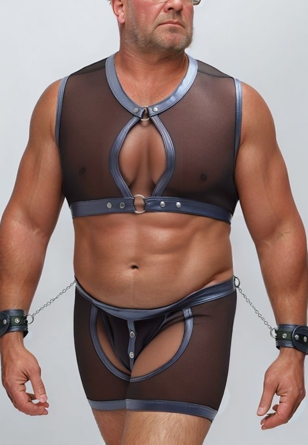 Conjunto de bondage em rede preta e Wetlook azul com algemas integradas