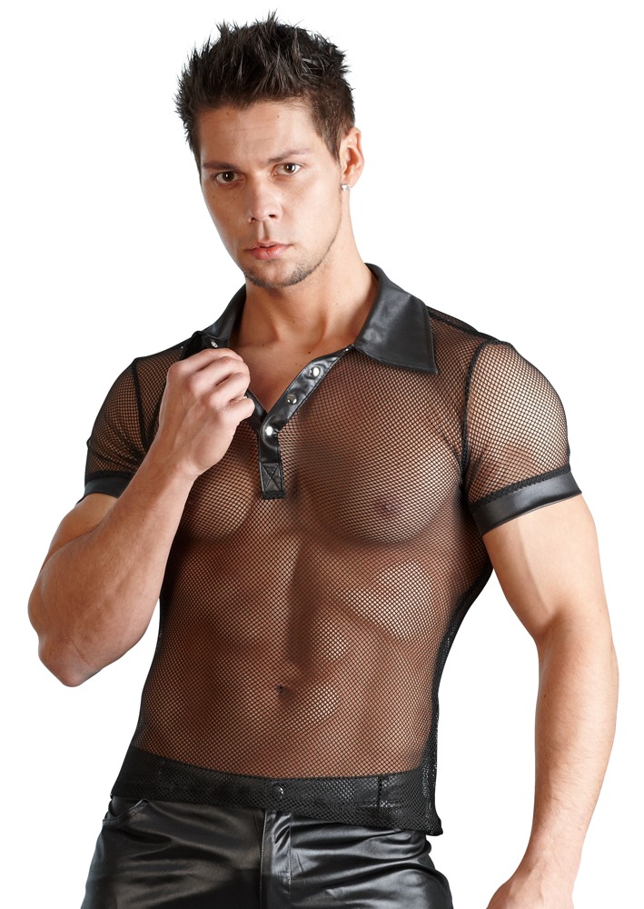 Polo shirt in fishnet and imitation leather