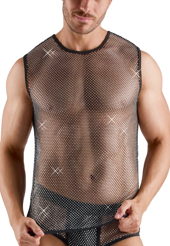 Sleeveless Mesh Tank Top Black Rhinestones : Transparent and Sparkling Rhinestones