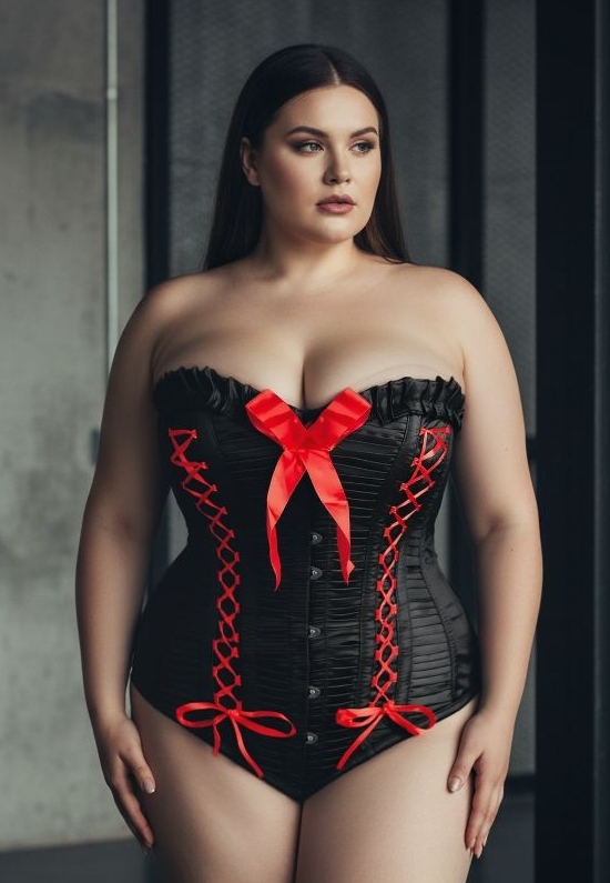Corsé cabaret satén negro & lazos rojos, cordón seductor